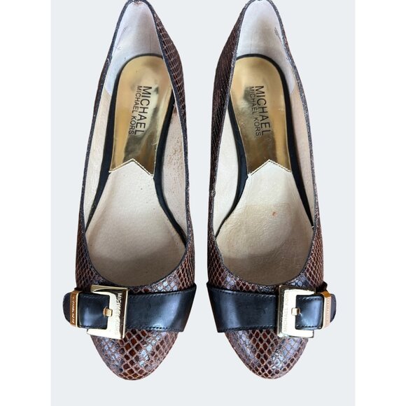 Michael Kors Brown Snakeskin Pattern Leather Flats With Black Buckle Accents 7M - Picture 3 of 10